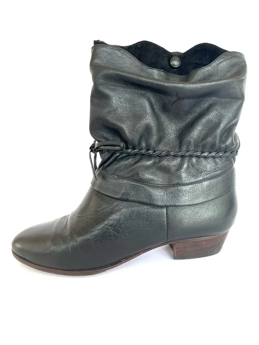 Women's Black Leather Slouch Ankle Booties with Braided Tie